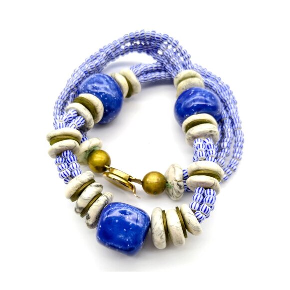 Glazed Ceramic Beaded Choker Necklace in Bright Blue and White - Picture 2 of 3